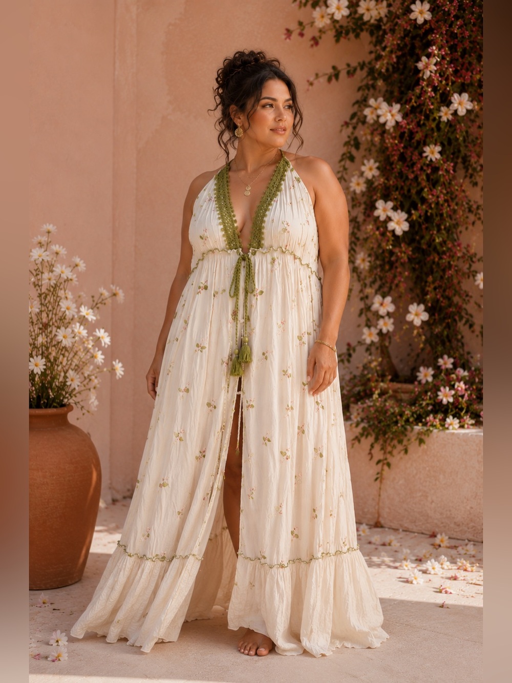 NWT Papa Pia Whimsical White Maxi Dress with Beautiful Embroidery Detail